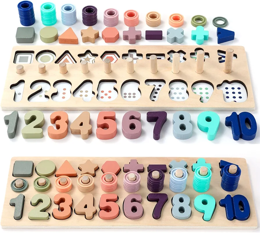 BEKILOLE Wooden Montessori Toys for Kids Toddler Number Puzzles Sorter Counting Shape Stacker Stacking Game Preschool Toys for Boy Girl Learning Education Math Blocks Boy & Girl Gifts and Beyond