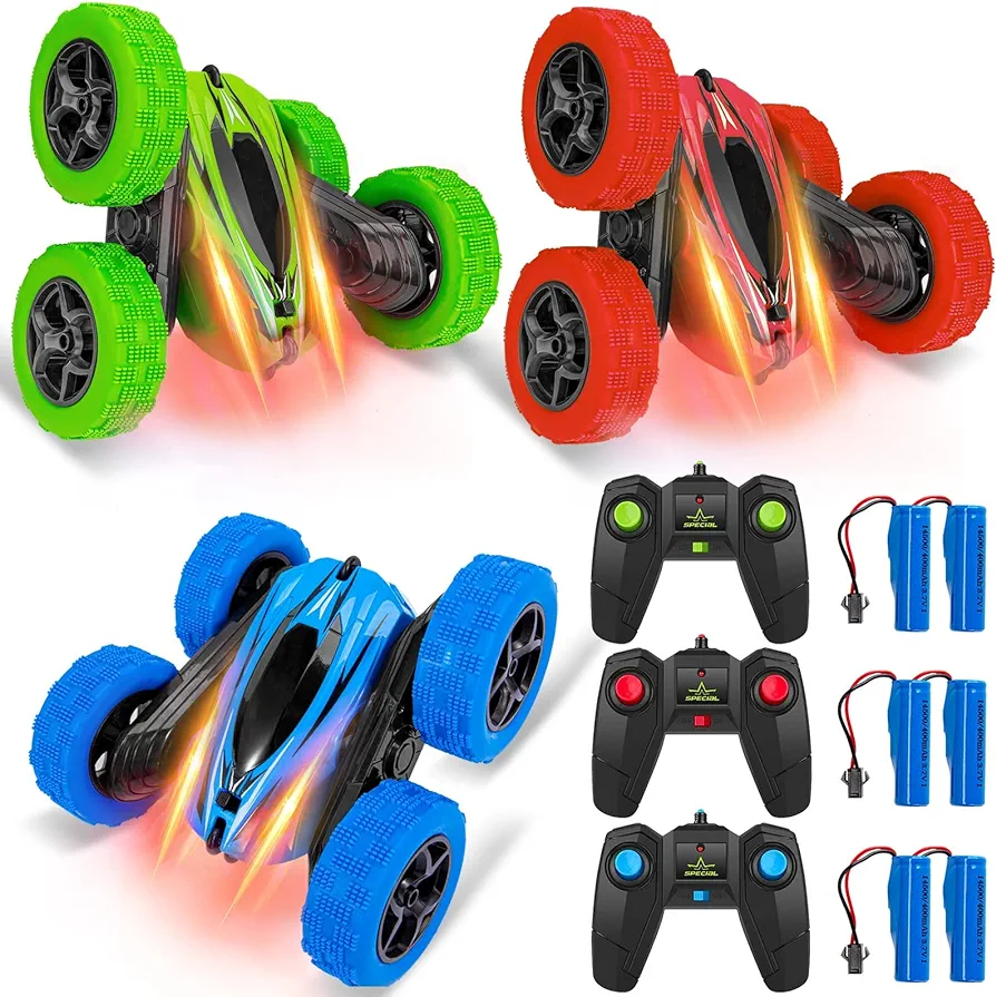 3 Pack Remote Control Car RC Stunt Car for Kids--2.4Ghz High Speed Rock Crawler Vehicle,360 Rotating 4WD Off Road Double Sided Rotating Tumbling Rc Car with 6 Rechargeable Battery, Blue+Green+Red