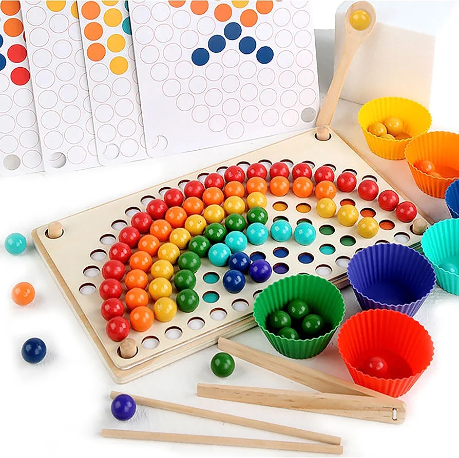 Wooden Pegboard Beads Game, Rainbow Color Board Games, Puzzle Board, Montessori Toys, Preschool Learning Activities, Boys and Girls Gift for 3 and up!