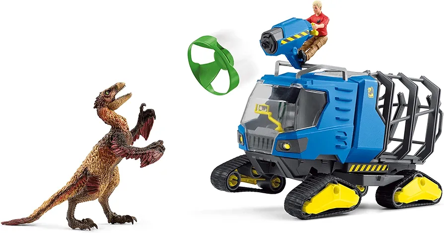 Schleich Dinosaurs Realistic Dakotaraptor and Truck with Scientist Figurine Playset - Jurassic Collection Dinosaur Action Figure and Vehicle with Scientist for Boys and Girls, Gift for Kids Age 4+