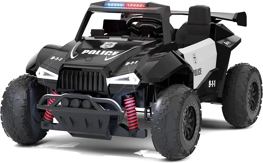 XJD Police Car 12V 2WD Electric Car for Kids with 400W Ultra Powerful Motors Off-Road UTV Toy, 4 Shock Absorbers, 2 Seater Ride on Car XL Ages 3+,20" Spacious Seat, Flashing Lights (Black White, 12V)