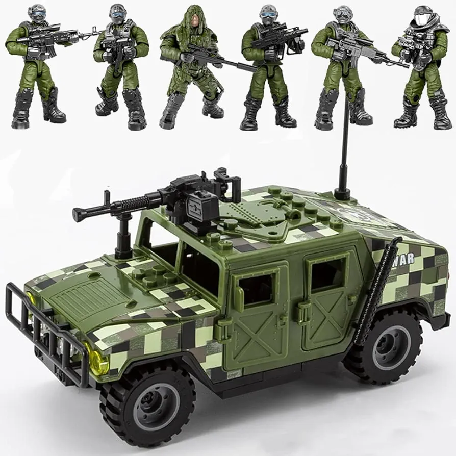 Building Block Armored Vehicle with 6 Random Army Figures Brick Military Vehicle Building Toy for Age 6 7 8 9 10 11 12+, Army Battle Building Kit, Army Car Model Toys Gifts for Boys