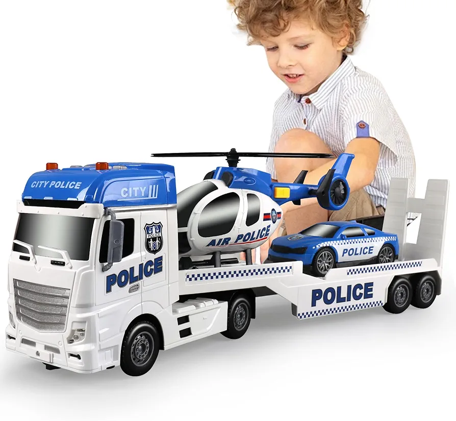 Dwi Dowellin Toddler Boy Toys for 3 4 5 6 Year Old, 25" Semi Truck Toy with Racing Car and Helicopter - Police Toys,Birthday Gifts for Kids Child 2 3 4 5 6 Years Old