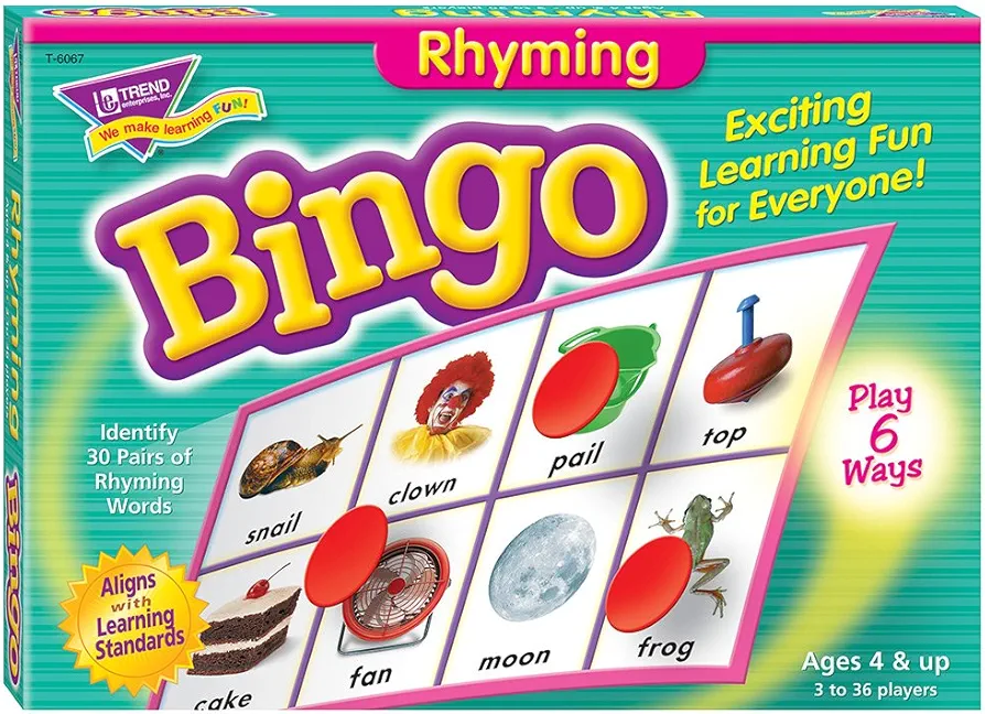 Trend Enterprises: Rhyming Bingo Game, Exciting Way for Everyone to Learn, Play 6 Different Ways, Perfect for Classrooms and at Home, 2 to 36 Players, for Ages 4 and Up