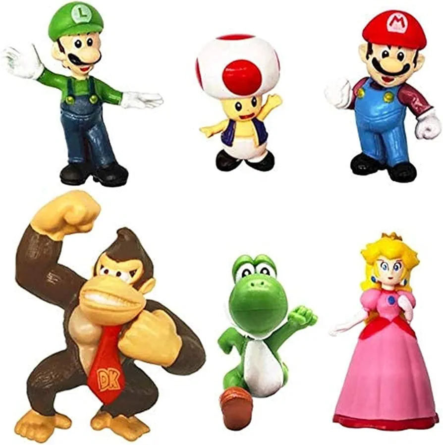 Mario Toys Bros Super Mary Princess, Turtle, Mushroom, Orangutan, Action Figures, 2 Inch (Pack of 6)