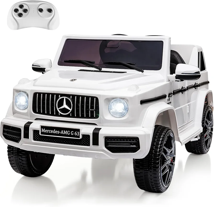 GAOMON 12V Kids Ride on Car, Licensed Mercedes Benz G63 Electric Car w/Remote Control, Music, Spring Suspension, LED Light, Bluetooth, Horn, AUX, Safety Lock Battery Powered Electric Vehicle, White