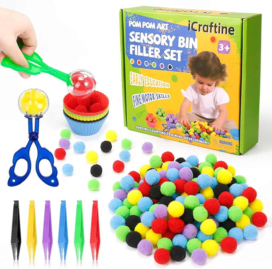 170 PCS Counting Sorting Fine Motor Skills Sensory Bin Filler Include 12 Sorting Bowls, 150 Pom Poms, 6 Tweezers, 2 Scooper Scissors for Kids Early Education, Sorting Counting Training