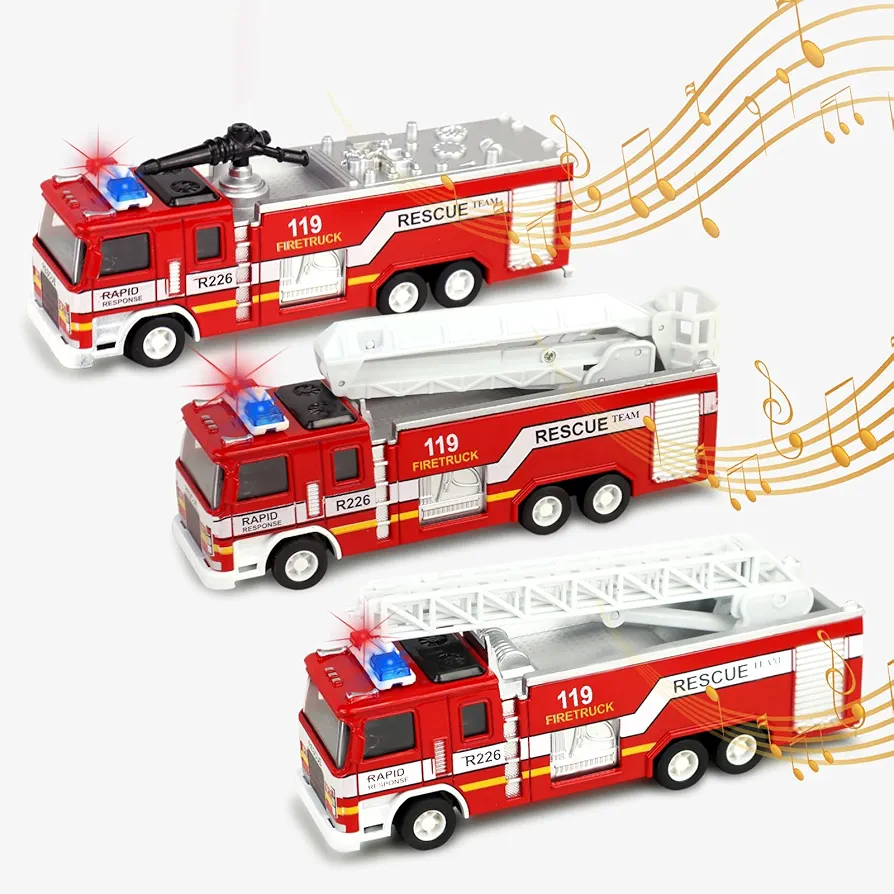 CORPER TOYS Toy Fire Truck, 3 pack Firetruck Toys Set with Extending Rescue Rotating Ladder Water Gun Lights and Siren Sounds, Pull Back Alloy Car Toys for Toddlers Boys Girls Kids Gift