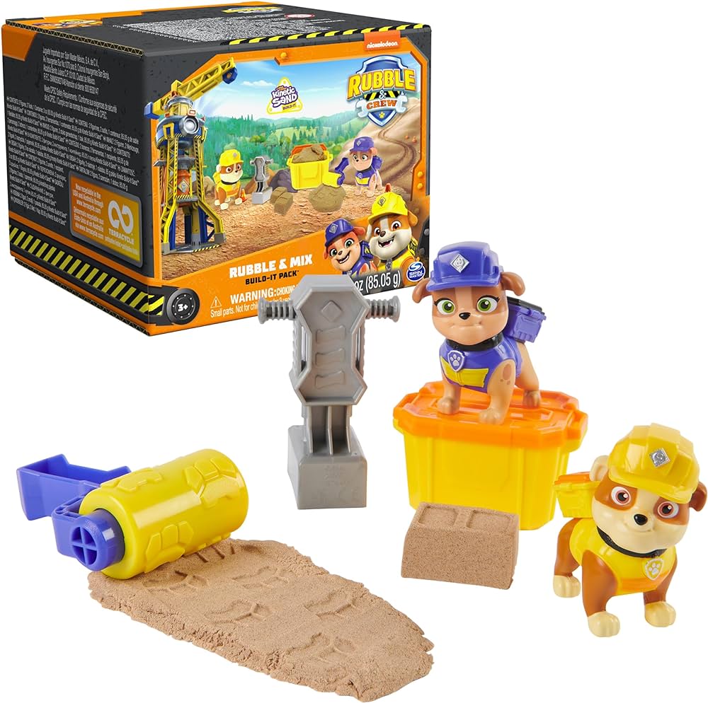 Rubble & Crew, Rubble and Mix Action Figures Set, with 3 oz of Kinetic Build-It Sand and 2 Hand Held Building Toys, Kids Toys for ages 3 and up