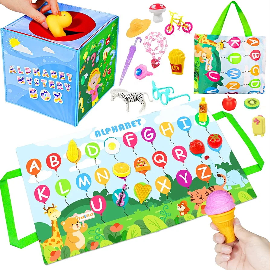 Alphabet Learning Toys,Alphabet Mystery Box with 26 Pcs Alphabet Matching Game Learning Toys for kids ages 3-5,Preschool Learning Activities with Storage Bag as Christmas Birthday Gift