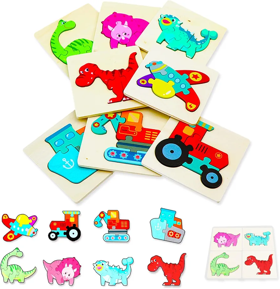 Wooden Puzzles for Toddlers 2-4 Montessori Toys for 3 Year Old Girl Boys Vehicle Dinosaur Preschool Educational Jigsaw Puzzles Toys Birthday Present