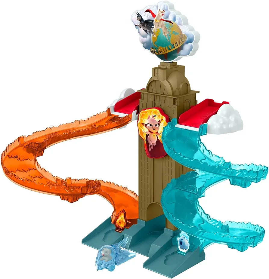 Fisher-Price DC League of Super-Pets Daily Planet Rescue die-cast Vehicle Racetrack playset with Vehicle Launcher and 2 ramps for Kids Ages 3 and up