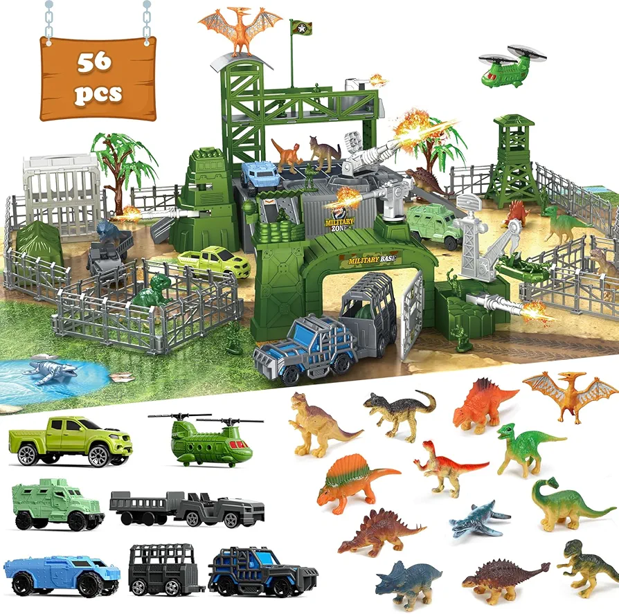 Army Men Toys and Dinosaur Toys, Large Battle Playset Set Includes Army Men Action Figures, Military Battle Mat, Dinosaur Figures, Helicopters, Je-ep, Trucks, Cannon, Tents (56PCS)