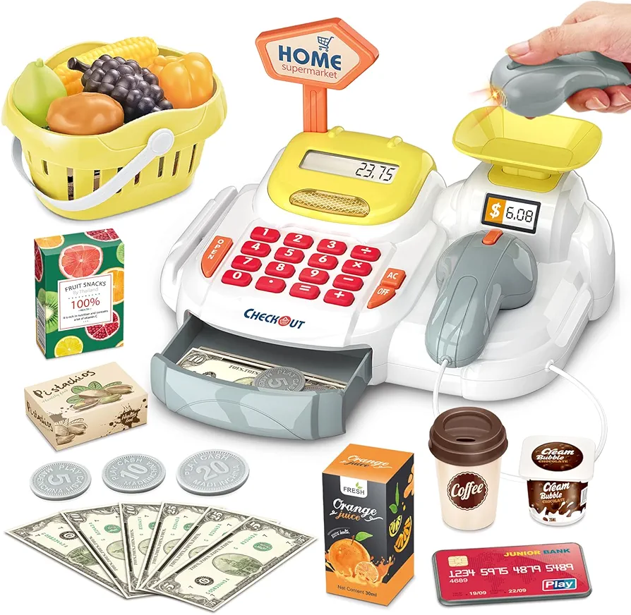 Cash Register 36PCS Supermarket Shop Toys with Electronic Sounds,Working Scanner,Calculator,Credit Card Reader,Play Food and Money Preschool Learning for Girl Boys Kids (Yellow)