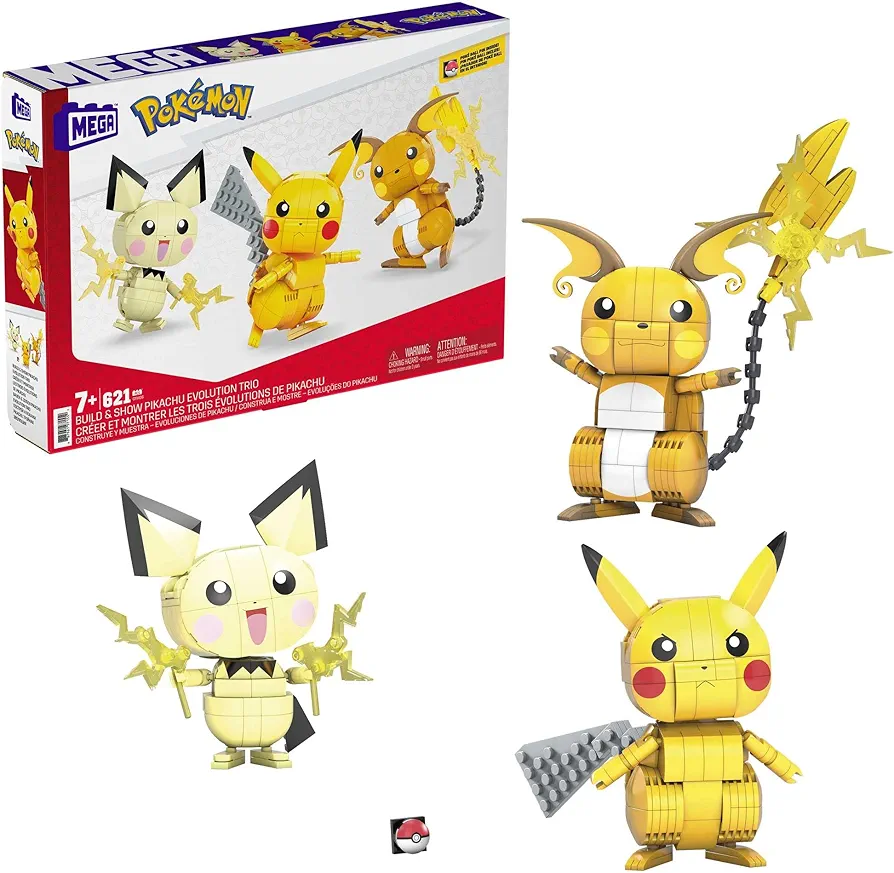 MEGA Pokémon Action Figures Toy Building Set, 4 Inch Pikachu, Raichu and Pichu Build n Show Pikachu Evolution Trio with Poke Ball Pin