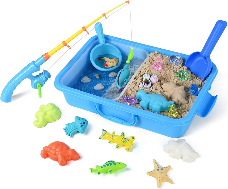 Sensory Bin - Sensory Toys for Toddlers 3-4,Sensory Toys for Autism ,1.7 LB Play Sand ,4 Molds,6Crystal Dinosaur,Dino Eggs,Magnetic Sea Animal, Preschool Learning Fine Motor Skills Activities Kids