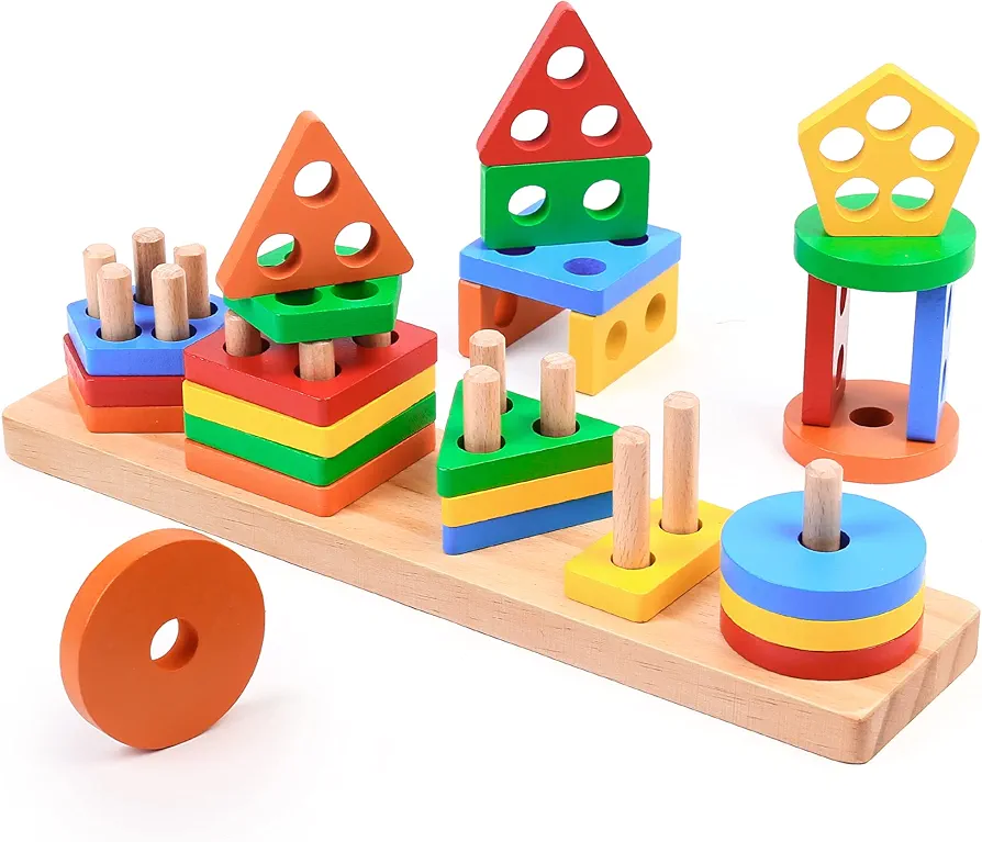 LotFancy Montessori Toys for 1 2 3 Year Old, Wooden Sorting & Stacking Toys, Educational Shape Sorter for Baby Toddlers Preschool Kids