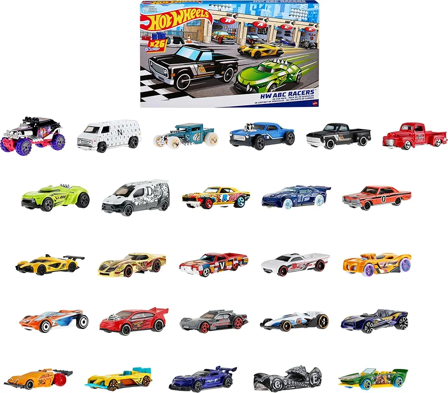 Hot Wheels ABC Racers, Set of 26 1:64 Scale Toy Cars & Trucks with an Alphabet Letter on Each, Colorful Vehicles, Learning Toys for Kids