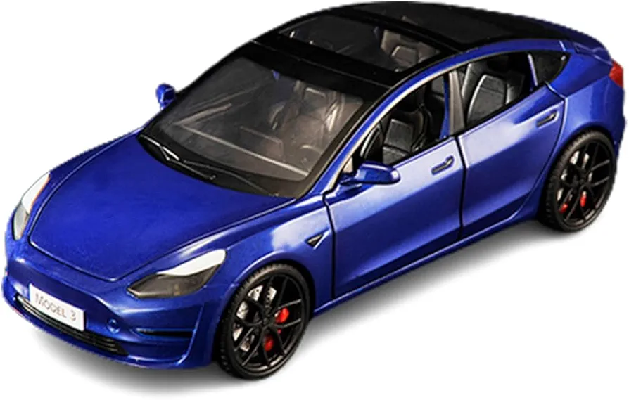 1/24 Diecast Model 3 Toy Car, Alloy Model 3 Model Car Pull Back Collectible Model 3 Vehicles with Light, 6 Open Doors, Exquisite Model 3 Diecast Car Model Toy for Kids Adults (Blue)