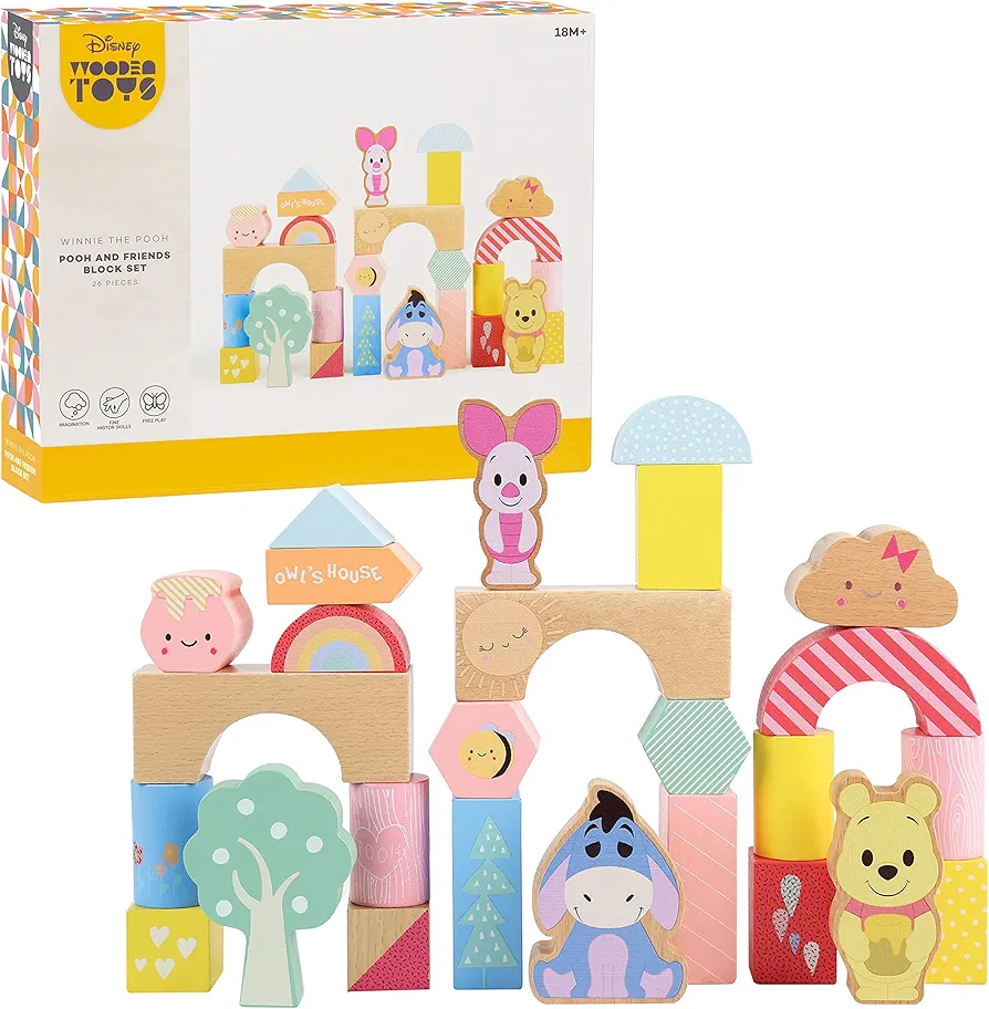 Disney Wooden Toys Winnie the Pooh & Friends Block Set, 26-Pieces Include Winnie the Pooh, Piglet and Eeyore Block Figures, Officially Licensed Kids Toys for Ages 18 Month by Just Play