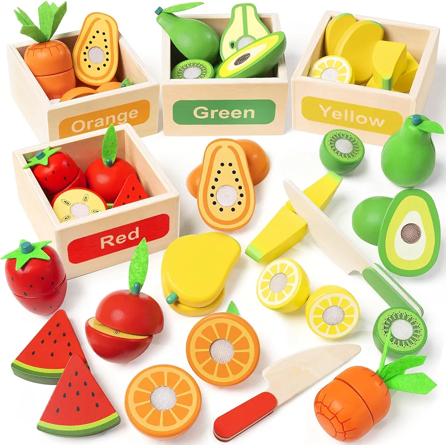 Wooden Play Food Toy Set for Kids Kitchen - 30 Pcs Montessori Cutting & Color Sorting Fake Fruit Accessories with 4 Boxes, Pretend Play Toys for Toddlers 3, Birthday Gifts for Boys Girls