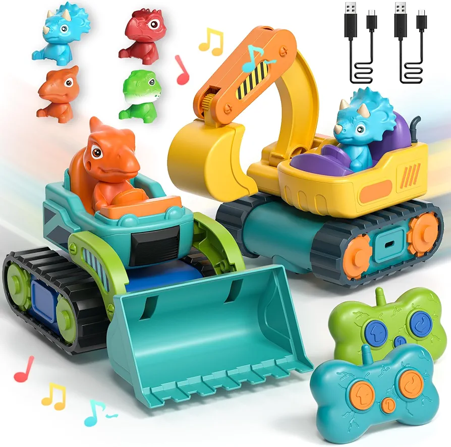 Lehoo Castle Construction Toys, 2 Pack Remote Control Car for Toddlers 1-3, Rechargeable Excavator Toy Bulldozer Toys for 2 Year Old Boy, 3 Year Old Boy Toys