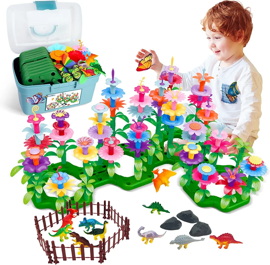 Toddlers Pretend Play - Dinosaur Flower Garden Building Toys 167 PCS,Educational Learning Fine Motor Skill Stacking Games Activities,Birthday Gifts for 2 3 4 5 6 Years old Preschool Boys Girls