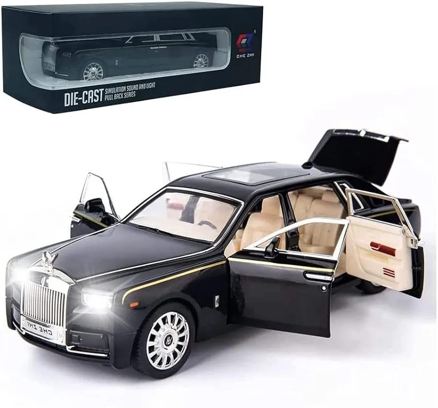 EROCK Exquisite car model 1/24 Rolls-Royce Phantom Model Car,Zinc Alloy Pull Back Toy car with Sound and Light for Kids Boy Girl Gift. (Black)