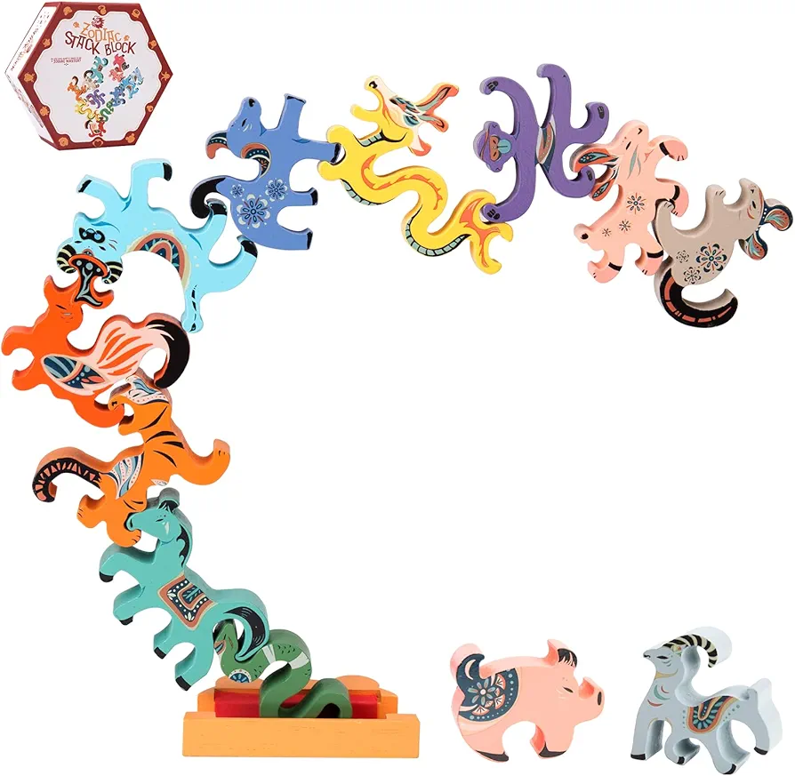 Bruvoalon Zodiac Sorting Stacking Wooden Toys, Montessori Toys for 3+ Year Old, Balance Competition Game, 12 animals, Rich Colors, Preschool Educational Learning, Exclusive patented products