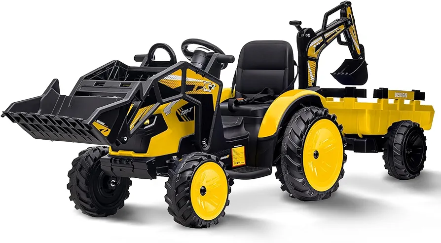 3 in 1 Ride on Tractor, Excavator & Bulldozer, 24V Kids Electric Vehicles w/Trailer, Shovel Bucket, Digger, Ride on Car Toys w/Remote Control, 2 Speeds, EVA Tires, LED Lights, Music, Yellow