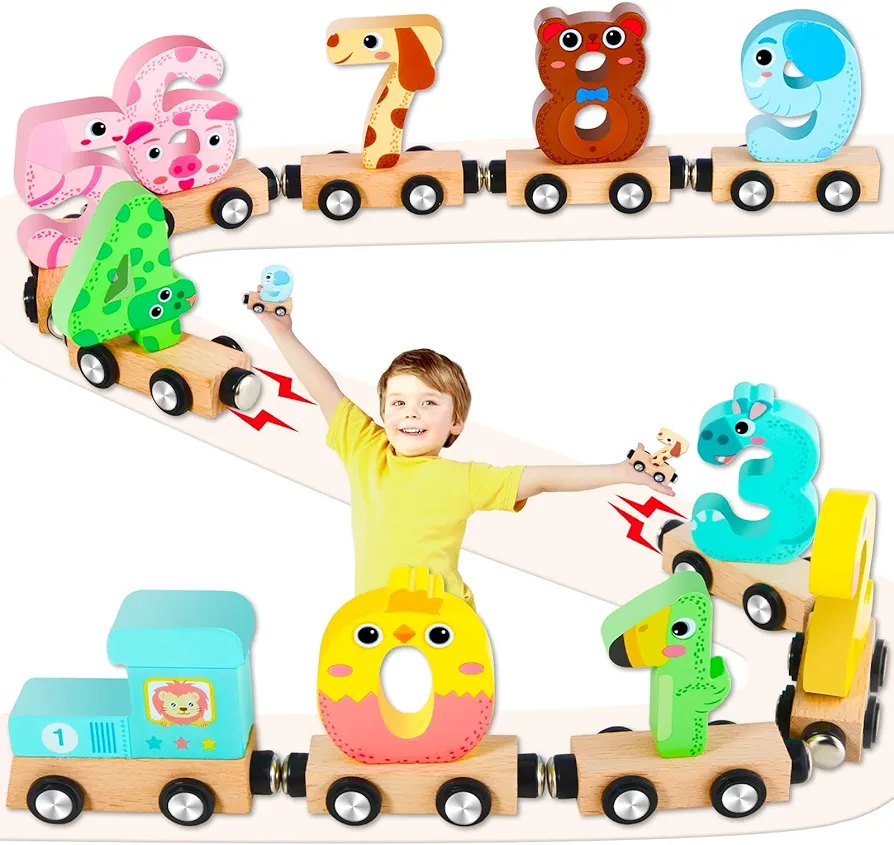 Toddler Toys, 11 Pcs Magnetic-Connection Animal Trains, STEM Take Apart Animal Wooden Train Play Set,Montessori Educational Toy for 2 3 4 5 6 Year Old Boys Girls Birthday Gifts