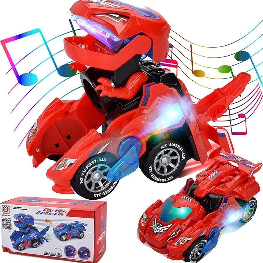 Transforming Dinosaur Toys,Transformer Toys for Kids Car for Boys Age 3-5 Dino Car Dinotrux Toys for Kids with LED Light & Music Automatic Transform for Kids Toddlers Birthday Gifts(Red)