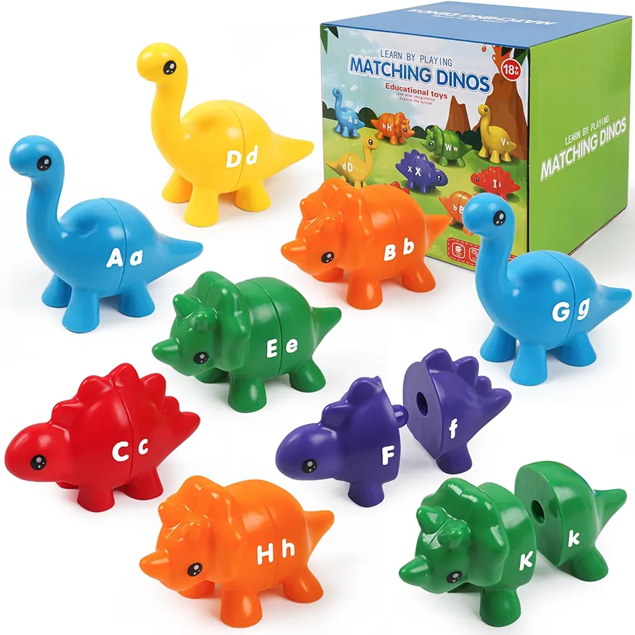 Matching Letters Dinosaur Toy, 26 PCS Fine Motor Toy Double-Sided ABC Letters Dinosaur Match Game with Uppercase Lowercase Alphabet, Preschool Learning Toys for Toddlers