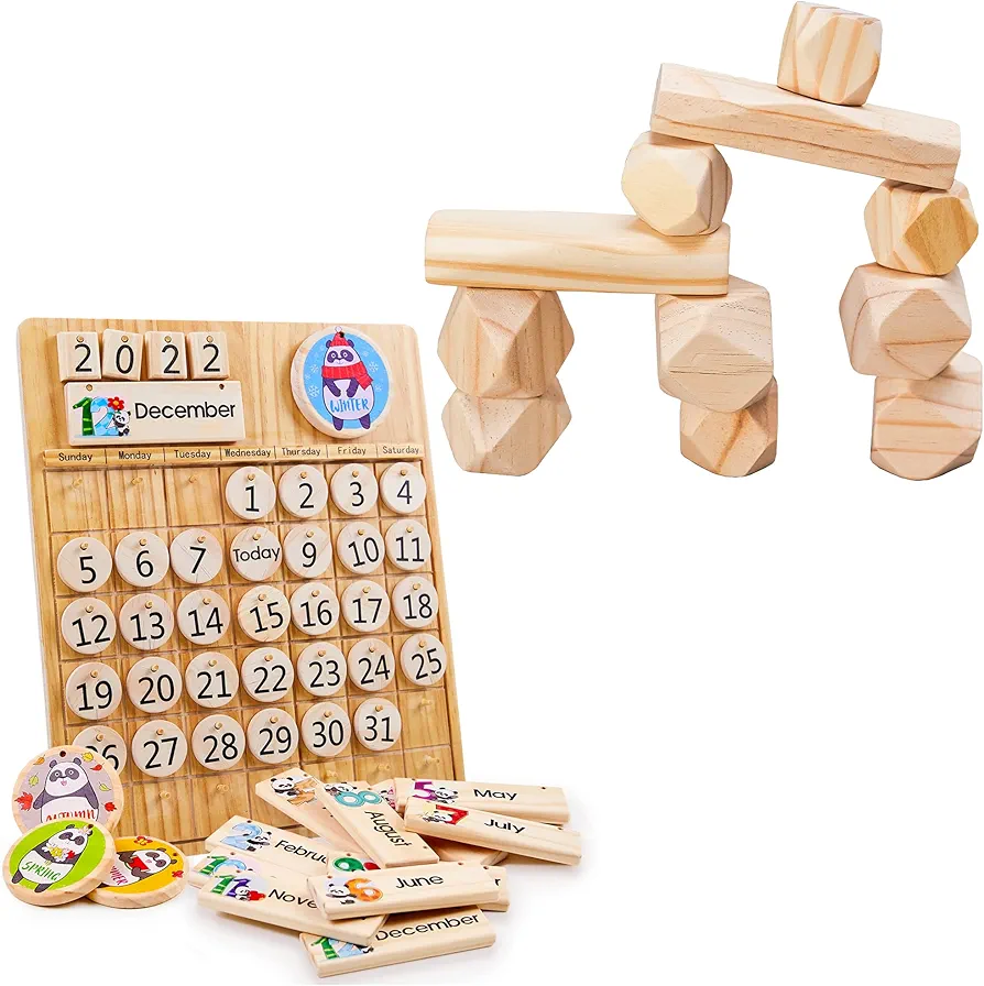 Panda Brothers Set of 2 Toys: Wooden Balancing Stones & Wooden Calendar. Montessori Toys for Kids, Wooden Toys, Sensory Toys for 3 4 5 Year Old, Busy Board, Preschool Classroom STEM Toys