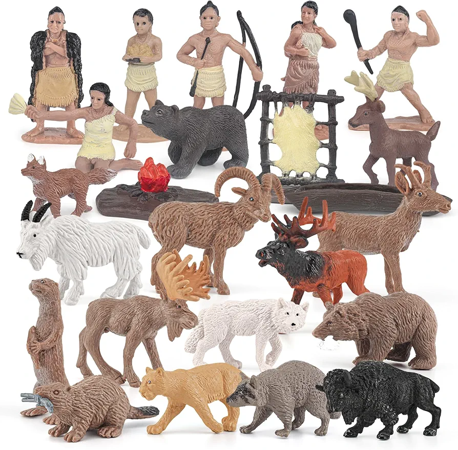 Indian Hunting Figures Set 24PCS Elk, North American Bison, Moose，Deer Hide, Warriors, Chief Party Favors Toys for Boys Girls Kids