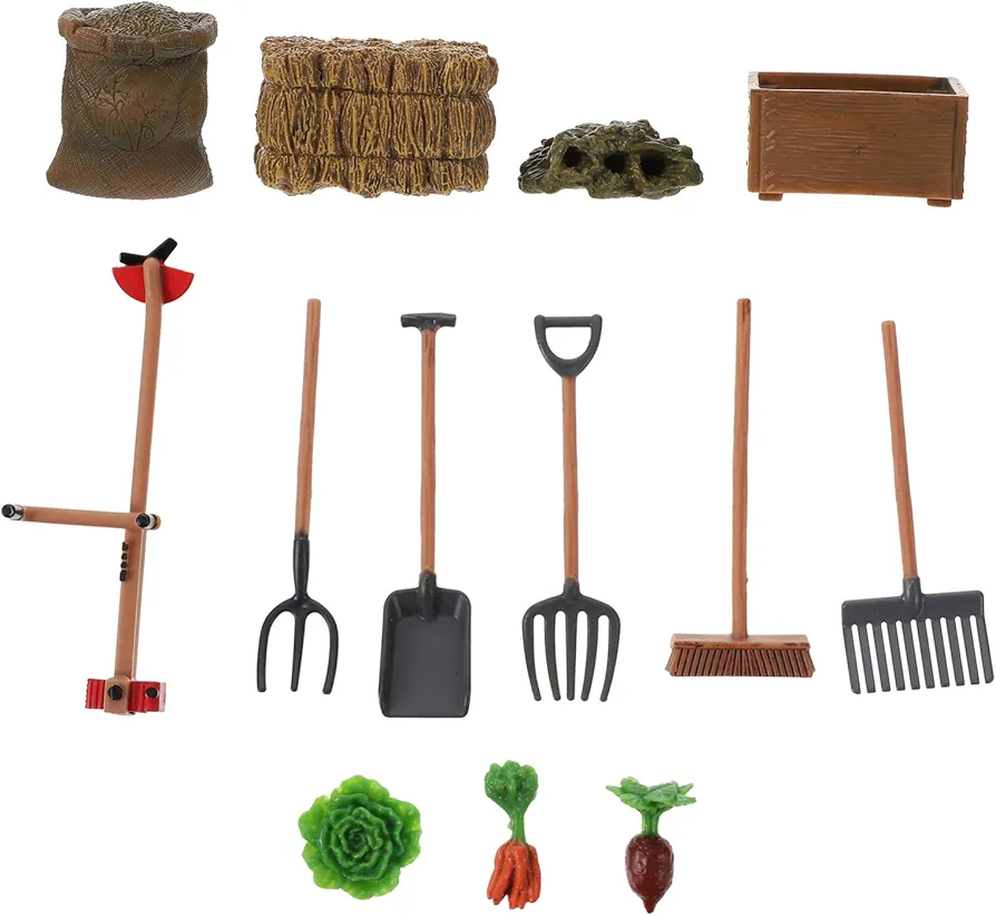 PATKAW Feed Set, 13 Pcs Simulation Farm Tool Toy Farm Scene Toy Farm Scene Model Includes Bale, Straw Heap, Fork, Mower, Brush, Carrots for Miniature Scene