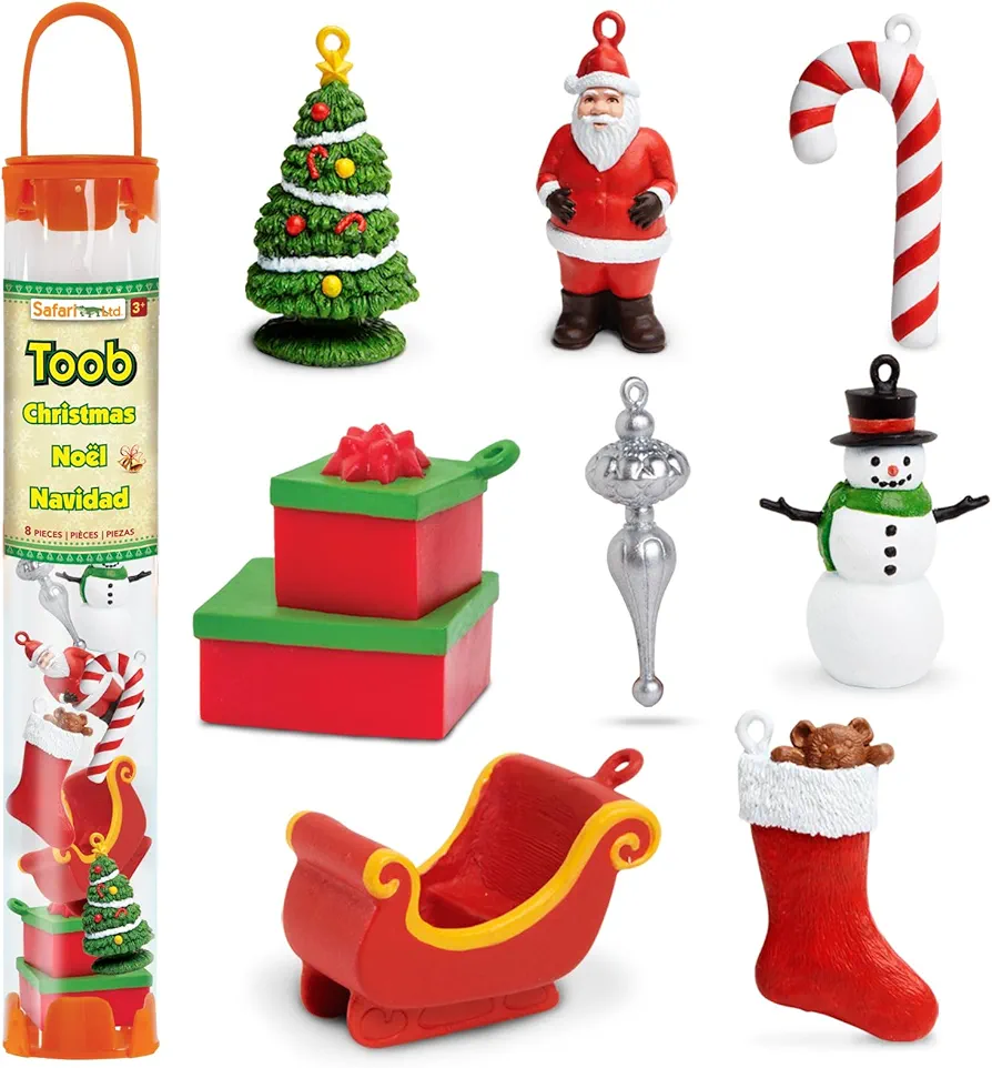 Safari Ltd. Christmas Designer TOOB - 8 Detailed Figurines: Christmas Tree, Stocking, Candy Cane, Ornament, Snowman, Sleigh, Gifts, and Santa - Educational Toy Figures For Boys, Girls & Kids Ages 3+