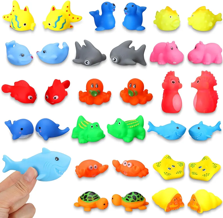 32 Pcs Ocean Animals Rubber Bath Toys Set Preschool Squeaky Wash Shower Toy Floating Cute Sea Animal Toys Bathtub Rubber Animals for Party Favor Pool Decoration, 16 Styles