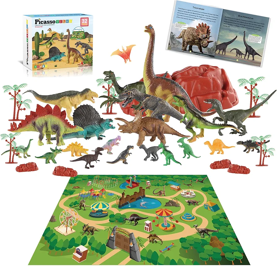 PicassoTiles Dinosaur Play Mat Toys 32pc Dino Playset STEM Activity Learning Kit STEAM Toy with Educational Book, 21 Action Figures T-Rex, Triceratops, Velociraptor, Trees, Rocks for Kids 3+ PTD11