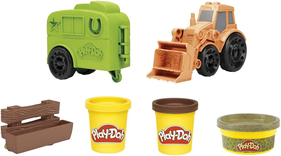 Play-Doh Wheels Tractor Farm Truck Toy for Kids 3 Years and Up with Horse Trailer Mold and 3 Cans of Non-Toxic Modeling Compound