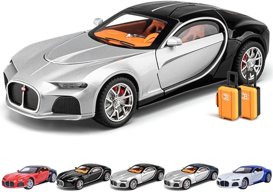 Model Car 1/24 Bugatti Toy Car, Atlantic Alloy Die Cast Cars Model Car for Kids Birthday Christmas Party Gift, Pull Back Toy Cars with Sound and Light (Silver-Black)