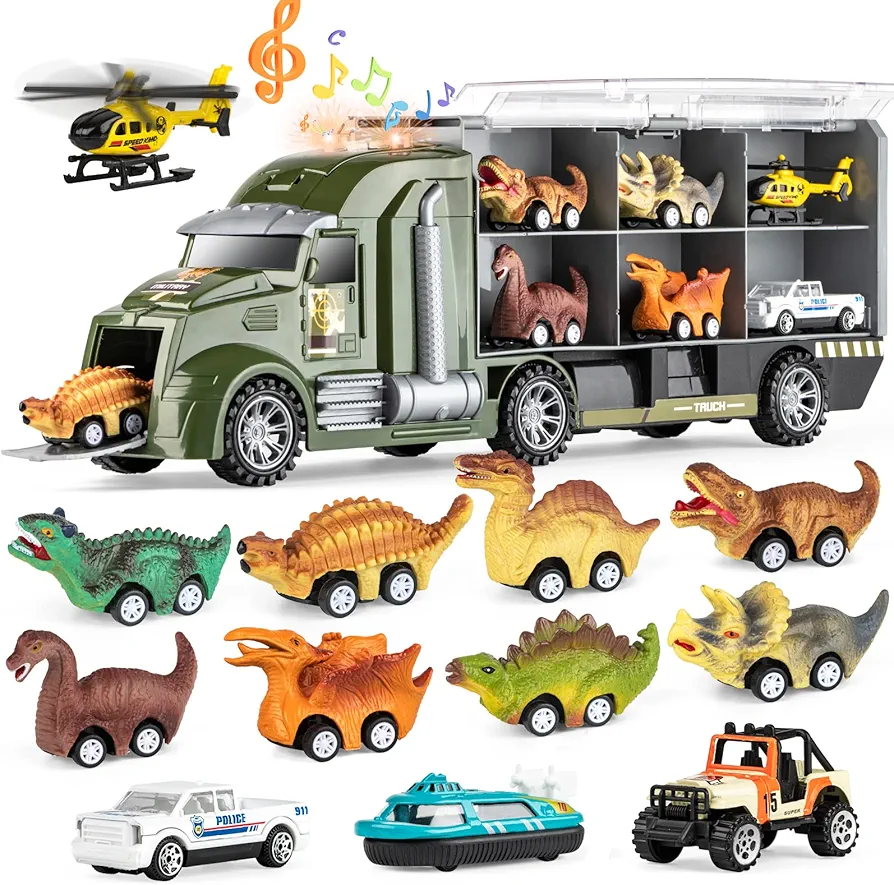 13PCS Dinosaur Truck for Kids,Dinosaur Car Vehicles Transport Carrier Truck with Lights and Sound,Mini Dino car Playset Toys