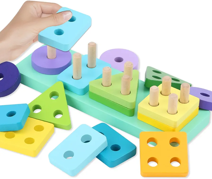 Montessori Toys for Toddler 1 2 3 Years Old Wooden Sorting and Stacking Toy Shapes Puzzles Preschool Learning Educational Activity Color & Shape Recognition,Best Gifts for Boys Girls