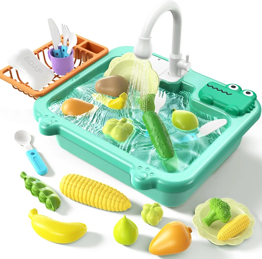 Toddler Sink Toy with Running Water, Play Sink with Electric Faucet & Play Kitchen Accessories, Bath Water Toys, Pretend Role Play Dishwasher Toys for Kids Preschool Toddlers Gifts