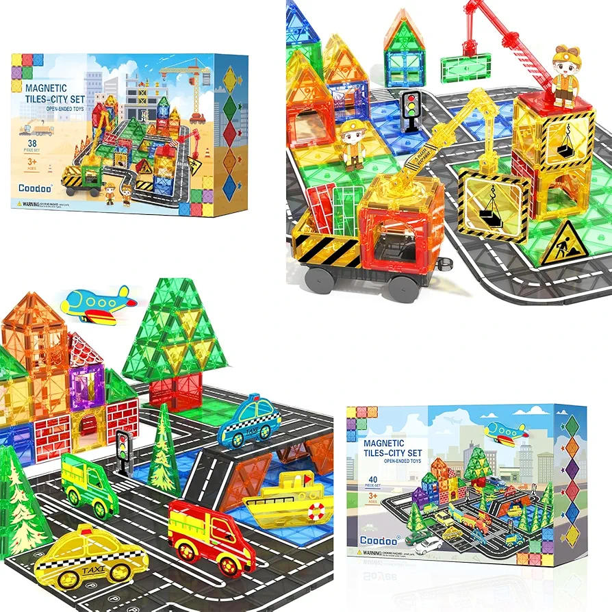 78PCS Kids Games Magnetic Tiles with 2 Cranes Construction Toys Set Sensory Toys for Boys Girls Ages 3-6 5-7 8-13, Gifts for 3+ Year Old Boys Girls Toddler Outdoor Kids Toys with Car