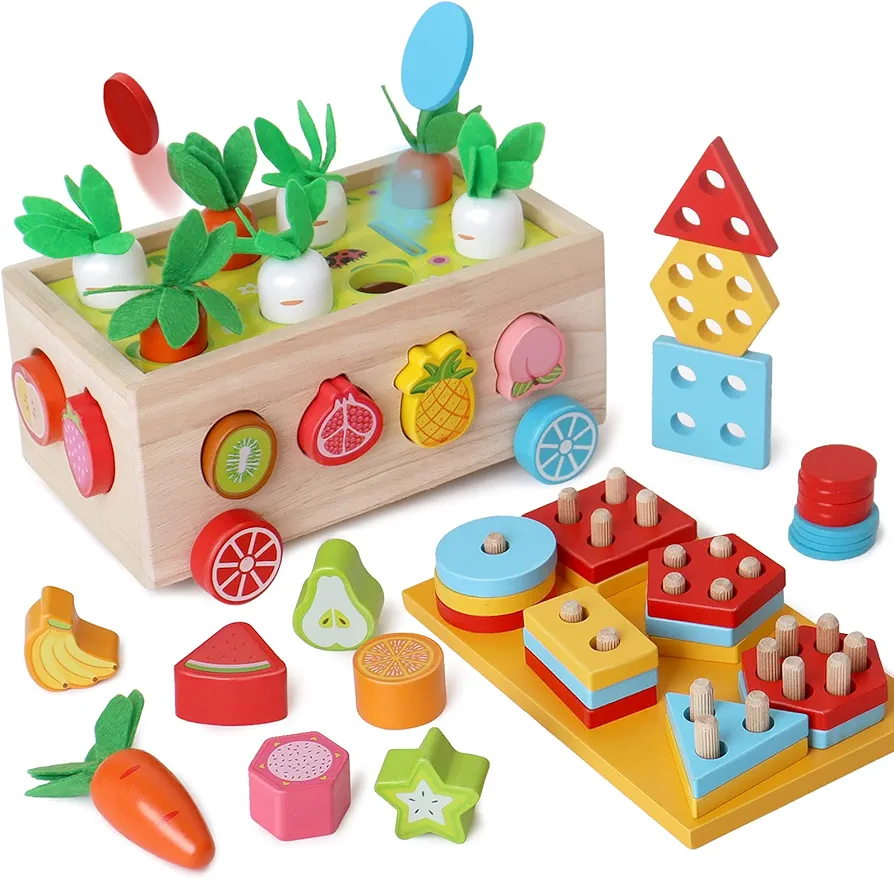 Toddlers Montessori educational toys for boys 3 4 year old girls, wood shape classification toys for gifts for Children 3-6, wood preschool carrot harvest game