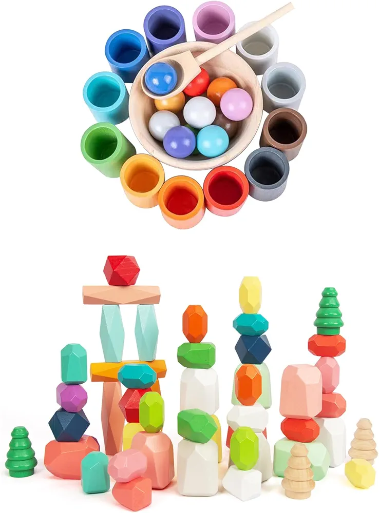 Rainbow Balls in Cups and Stacking Rocks Stones Toddler Montessori Toys for 3 Year Old Up, Kids Preschool Wooden Matching Games for Learning Color Sorting and Counting