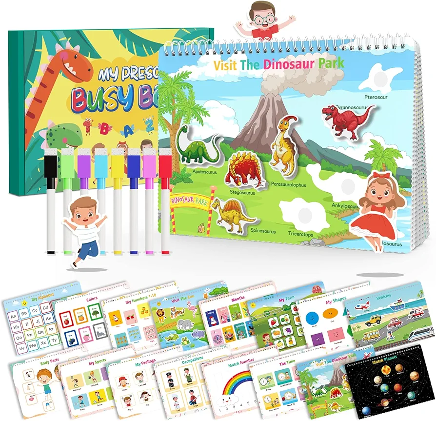 Busy Book for Toddlers 1-3, 32 Themes Preschool Learning Activities with 8 Erasable Markers,Autism Sensory Toys 2-3, Montessori Learning Toys,Preschool Workbook for Toddlers 3-5 (Busy Book)