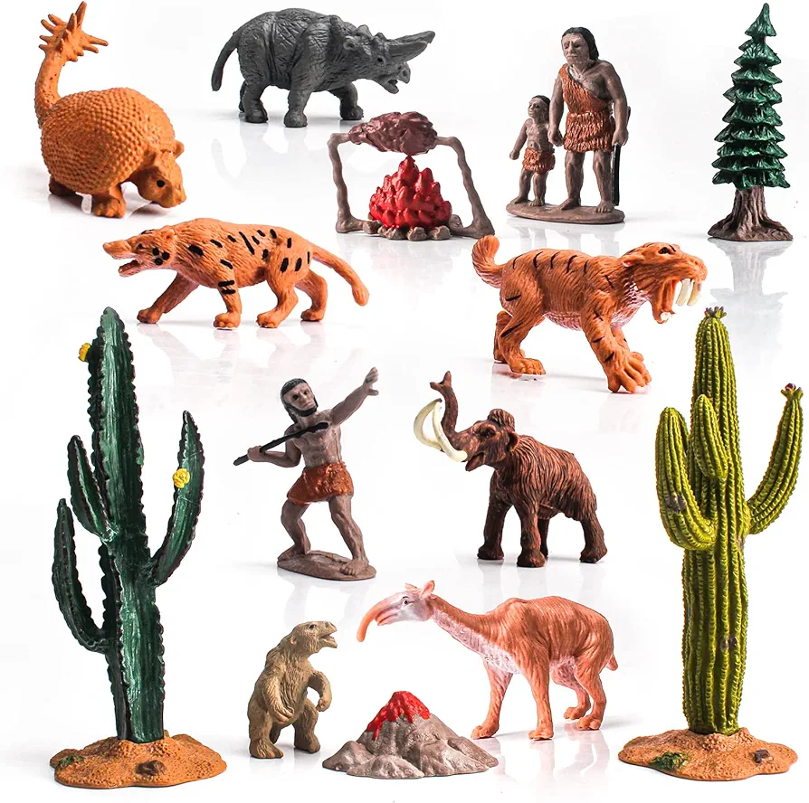 Fantarea Simulation Ancient Biological Model Figures Playsets 14 PCS Prehistoric Animals Primitive Humans Cavemen Living and Hunting Scene Toys for Boys Girls Kids