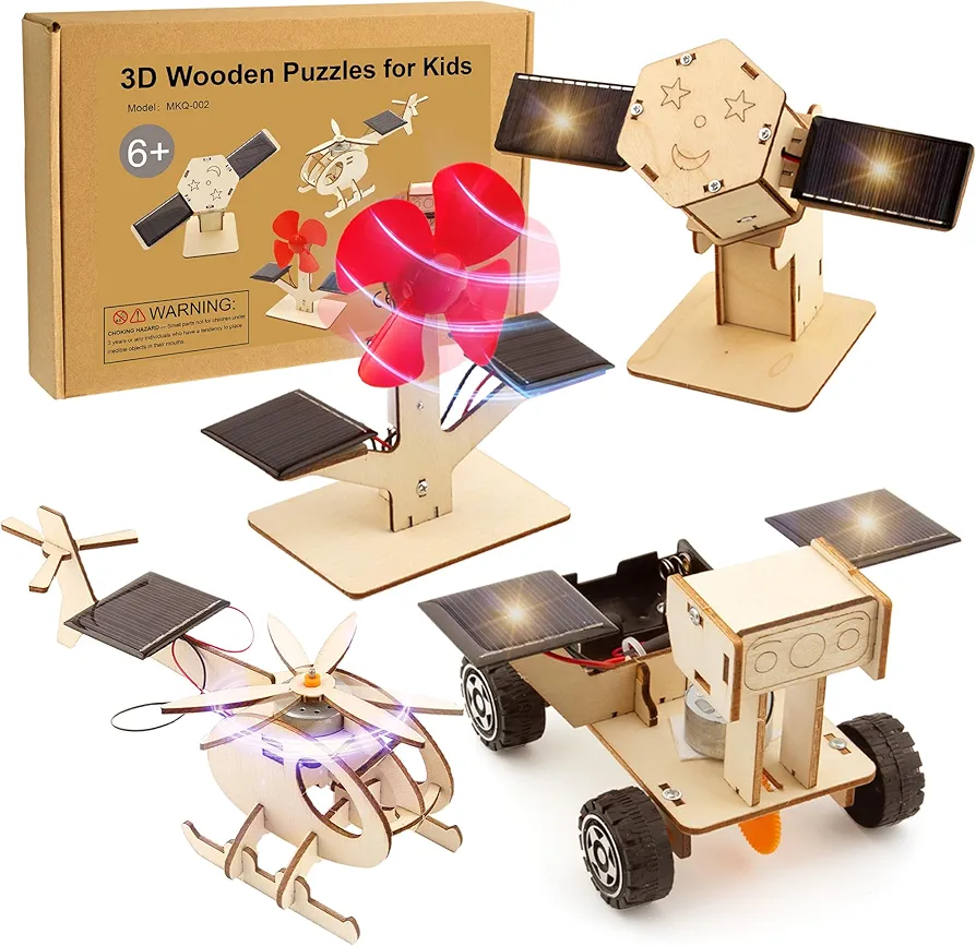 4 Set Solar-Power STEM Building Kits for Kids, DIY 3D Wood Puzzles Craft for Boys Girl Age 6-12, Educational Science Building Kit with 4 Different Models DIY Gift Toys for Christmas Birthday